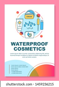 Waterproof makeup, skincare products brochure template layout. Flyer, booklet, leaflet print design with linear illustrations. Vector page layouts for magazines, annual reports, advertising posters