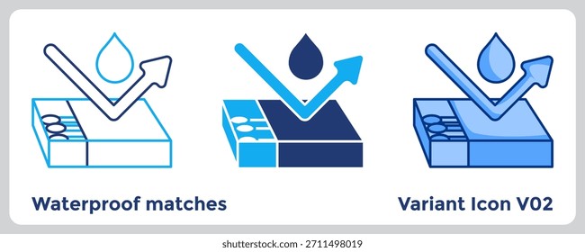 Waterproof Matches icon represents reliable fire-starting in camping and disaster-readiness designs. Blue, Flat Blue, Dualtone style.