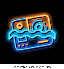 Wasserdichtes Material Kamera Neon Leuchtzeichen Vektorgrafik. Leuchtendes Symbol, transparentes Symbol