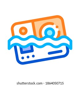 Waterproof Material Camera Vector Thin Line Icon. Waterproof Material Photo Video Device In Water, Industrial Use Linear Pictogram. Clothes, Moisture Absorbing Substance Illustration