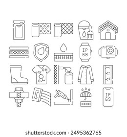 Waterproof Material Collection Icons Set Vector. Waterproof Bag And Layer, Watch And Video Camera, Smartphone And Clothes, Roof And Wallpaper Black Contour Illustrations