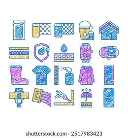 waterproof material doodle icons set vector. sketch line art waterproof bag and layer, watch and video camera, smartphone and clothes, roof and wallpaper color illustrations
