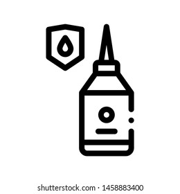 Waterproof Material Glue Vector Thin Line Icon. Waterproof Material Mastic Bottle Container, Industrial Use Linear Pictogram. Clothes, Moisture Absorbing Substance Contour Illustration