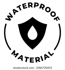 Waterproof material icon. Water resistant label. Rain protection vector illustration. Anti moisture fabric emblem, badge, sign, symbol or stamp. Shield with water drop seal. Wet protection surface.