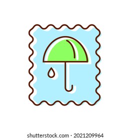 Waterproof material label flat icon. Rain cover. Fabric feature. Textile industry. Color symbol. Isolated vector stock illustration