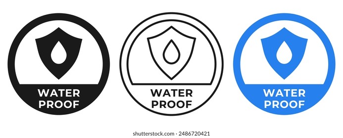 Waterproof material label. Water resistant fabric icon. Rain protection vector illustration. Anti liquid defense emblem, symbol or stamp. Shield with droplet seal. water protection icon isolated