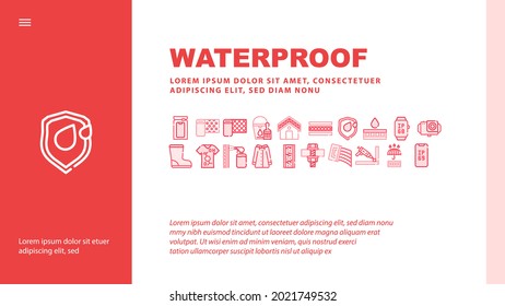 Waterproof Material Landing Web Page Header Banner Template Vector. Waterproof Bag And Layer, Watch And Video Camera, Smartphone And Clothes, Roof And Wallpaper Illustration