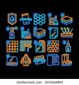 Waterproof Materials neon light sign vector. Glowing bright icon  Waterproof Material For Personal, Industrial Use Pictograms. Water Resistant Device, Clothes, Moisture Absorbing Substance