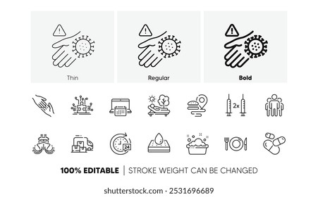 Colchão impermeável, Grupo e Lavar ícones de linha de mão. Pacote de lavar as mãos, comida, ícone do navio. Calendário, pictograma de entrega 24h. Pílula de cápsula, Opções de quebra-cabeça, Entrega de alimentos. Ícones de linha. Vetor