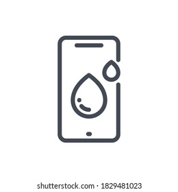 Waterproof mobile phone line icon. Smartphone with drop of water vector outline sign.