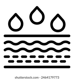 Waterproof moisture resistant material icon with wavy lines, droplets, and vector illustration in black and white