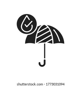 Waterproof open umbrella black glyph icon. Water repellent fashion accessory concept. Impermeable tool sign. Pictogram for web page, mobile app, promo. UI UX GUI design element.