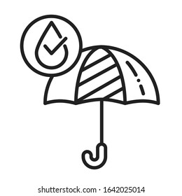 Waterproof open umbrella black line icon. Water repellent fashion accessory concept. Impermeable tool sign. Pictogram for web page, mobile app, promo. UI UX GUI design element.