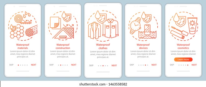 Waterproof produce onboarding mobile app page screen with linear concepts. Moisture resistant material, cosmetics walkthrough steps graphic instructions. UX, UI, GUI vector template with illustrations