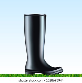 Wasserfester Regengummi Stiefel auf grünem Gras. Vektorgrafik auf schwarzem Gummi Stiefel auf dem gemähten Gras. Frühlingsgarten arbeiten. 
