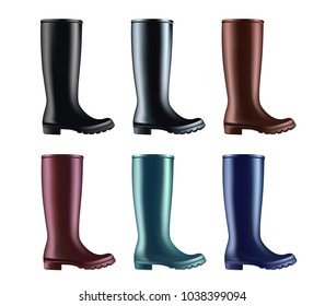 Waterproof rain rubber boots. Vector illustration of colored rain boots. Spring garden work.
