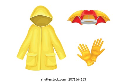 Waterproof Raincoat or Yellow Mackintosh and Gloves Vector Set