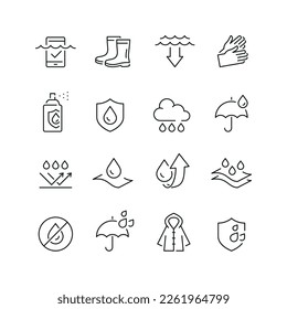 Waterproof related icons: thin vector icon set, black and white kit