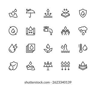 Waterproof related vector linear icons set. Contains such icons as protection, rain, umbrella, drop, rainproof, defense and more. Isolated waterproof related icons collection on white background.