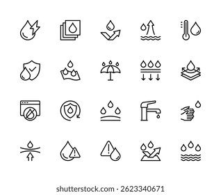 Waterproof related vector linear icons set. Contains such icons as water repellent, water-resistant, protection, moisture and more. Isolated waterproof related icons collection on white background.
