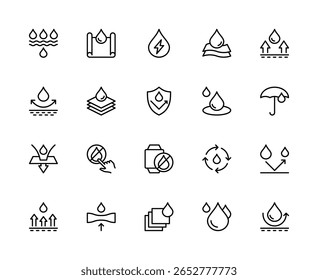 Conjunto de iconos lineales de Vector relacionados a prueba de agua. Contiene iconos tales como lluvia, membrana, impermeable, tela, textil, agua y más. Colección aislada de iconos relacionados a prueba de agua sobre fondo blanco.