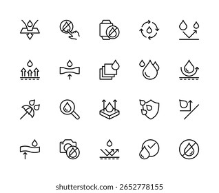 Waterproof related vector linear icons set. Contains such icons as waterproof, water-repellent, rainproof, protection and more. Isolated waterproof related icons collection on white background.