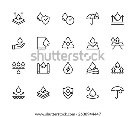 Waterproof related vector linear icons set. Contains such icons as splashproof, rainproof, protection, moisture, drop and more. Isolated waterproof related icons collection on white background.