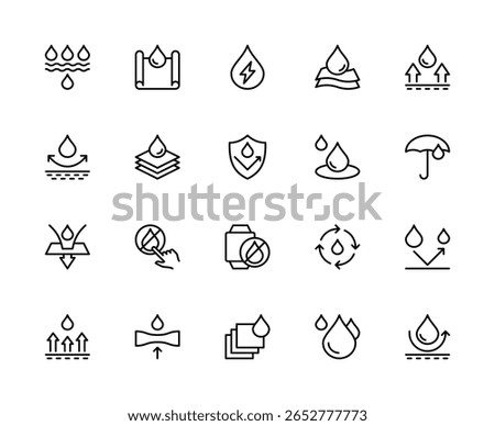 Waterproof related vector linear icons set. Contains such icons as rain, membrane, waterproof, fabric, textile, water and more. Isolated waterproof related icons collection on white background.