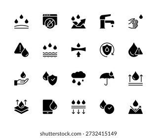 Waterproof related vector silhouette icons set. Contains such icons as electronics protection, sealed, leak, splashproof and more. Isolated waterproof related icons collection on white background.