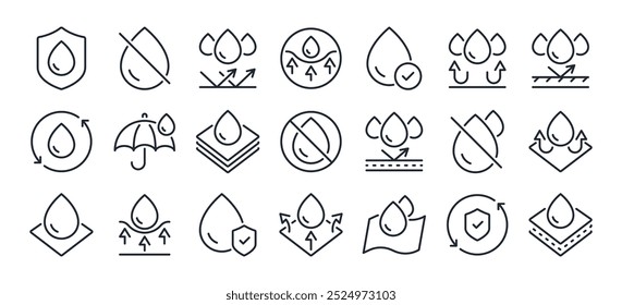 Waterproof and repellent surface editable stroke outline icons set isolated on white background flat vector illustration. Pixel perfect. 64 x 64