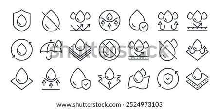 Waterproof and repellent surface editable stroke outline icons set isolated on white background flat vector illustration. Pixel perfect. 64 x 64