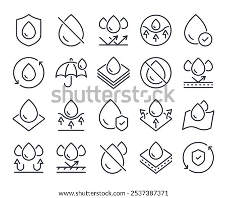 Waterproof and repellent surface editable stroke outline icons set isolated on white background flat vector illustration. Pixel perfect. 64 x 64