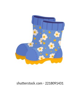 Waterproof rubber boots color icon. Vector kids wellington or rain shoes with daisy flower prints. Children footwear. Gardening, farming, agriculture boots