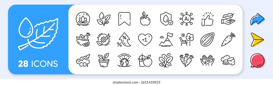 Ícones impermeáveis, salada e linha de comida Eco. Taxa de juros, AI gerar, ícones de inflação. Pacote de folhas, leve, ícone de batata. Lótus, Bandeira da montanha, Pictograma do orvalho da folha. Vetor
