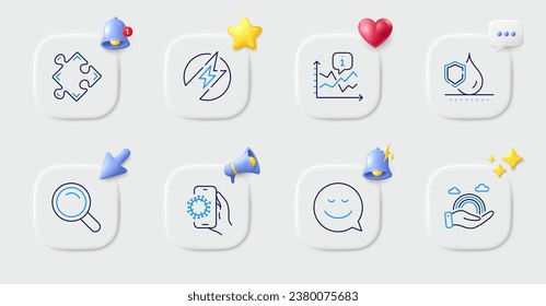 Iconos de línea impermeables, de búsqueda y de gráfico. Botones con timbre 3d, discurso de chat, cursor. Paquete de energía eléctrica, aplicación Covid, icono Smile. Estrategia, pictograma Lgbt. Para aplicación web, imprimir. Vector