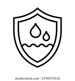 Waterproof shield icon with droplet shapes and wavy line black and white outline style