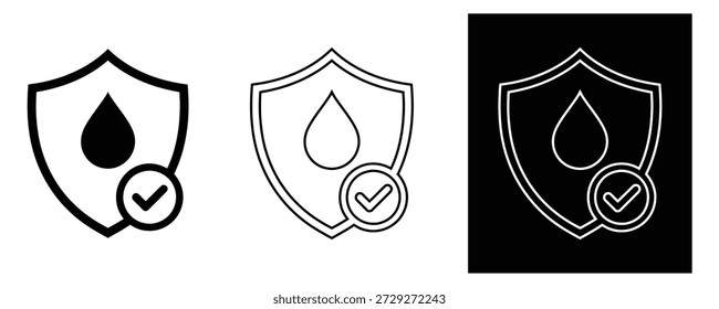 Ícone de escudo impermeável, proteção contra líquidos, gota de água verificada, segurança contra água, segurança contra gotículas, proteção contra umidade, símbolo de segurança de hidratação
