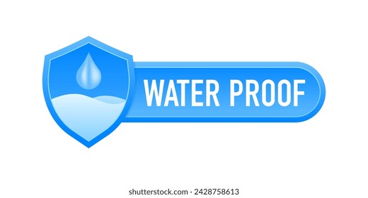 Logo de escudo impermeable. Símbolo resistente al agua. Agua en escudo. Icono de protección de agua con plantilla de escudo. Ilustración de vector