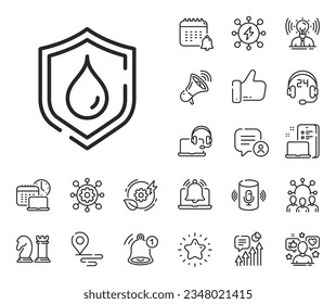 Waterproof shield sign. Place location, technology and smart speaker outline icons. Water resistant line icon. Drop protection symbol. Waterproof line sign. Influencer, brand ambassador icon. Vector