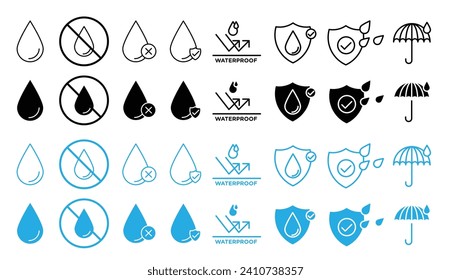 waterproof shield vector icon set. water resistant symbol in black and blue. corrosion resist sign. leakproof fabric icon. rain protection emblem. block rain water symbol.