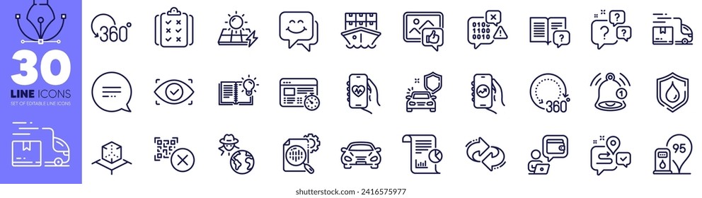 Waterproof, Shipment and Like photo line icons pack. Smile face, Wallet, Refresh web icon. Petrol station, Delivery truck, Instruction manual pictogram. Text message, Car, 360 degrees. Vector