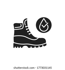 Waterproof shoes black glyph icon. Water repellent footwear concept. Pictogram for web page, mobile app, promo. UI UX GUI design element.