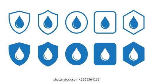 Waterproof sign collection. Water resistant signs. Water drop protection concept.