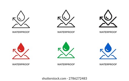 Waterproof Sign Line Icon Set for Water Resistance, Protection Symbol, Weatherproof Equipment and Safety Certification Outline Vector Collection