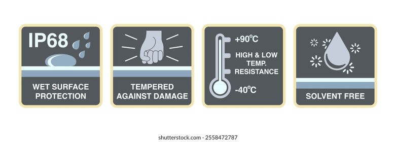 Waterproof, Solvent-Free, High and Low Temperature Resistance, Damage Tempering, and Impact Protection. Mechanical and Industrial Protection Level Icon and Symbol. Vector.