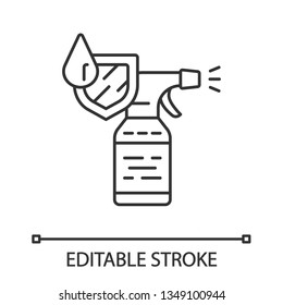 Waterproof spray bottle linear icon. Water resistant aerosol. Clothes, shoes protection. DWR repellent spray. Thin line illustration. Contour symbol. Vector isolated outline drawing. Editable stroke