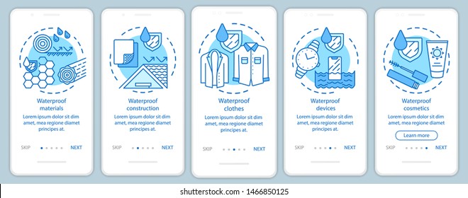 Waterproof substances onboarding mobile app page screen with linear concepts. Moisture resistant appliances walkthrough steps graphic instructions. UX, UI, GUI vector template with illustrations