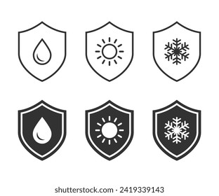 Waterproof, sun protect, and frost protect in the shield icon. Frost resistant, water resistant. Vector illustration.