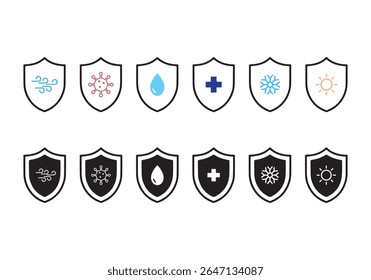 Waterproof, sun protect, and frost protect in the shield icon. Vector illustration