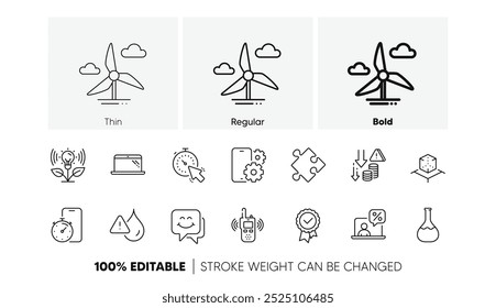 Waterproof, Tested stamp and Windmill turbine line icons. Pack of Online tax, Chemistry lab, Incubator icon. Deflation, Phone service, Strategy pictogram. Timer, Transmitter, Smile face. Vector